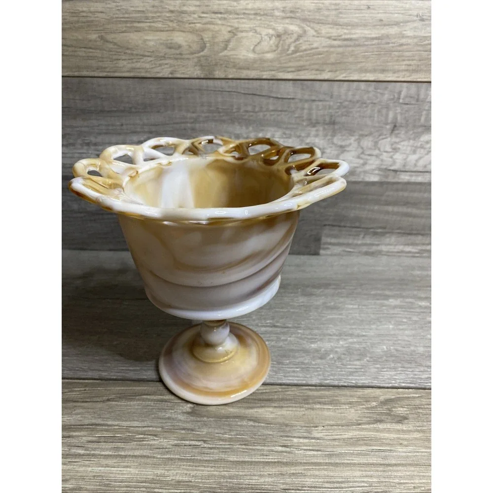 Vtg Laced Edge Imperial Slag Glass Caramel  Pedestal Candy Dish Planter USA